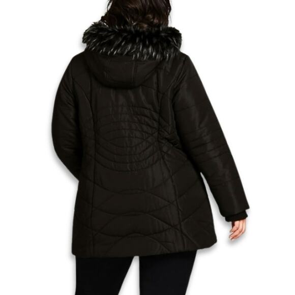 Avenue Puffer Jacket Quilted Design Faux Fur Trim Hooded Solid Black W 14/16 NWT - Picture 5 of 11